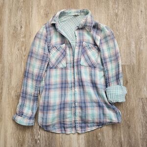 Women's size medium 100% cotton muslin plaid button down Billy shirt aqua blue